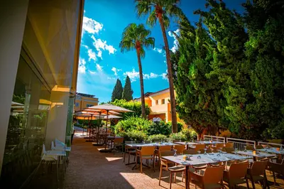 a row of tables and chairs and palm trees at Malama Beach Holiday Village in Protaras