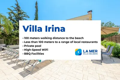 a sign that says villa limina with chairs in a patio at Villa Irina in Paralimni