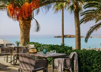 a table and chairs with palm trees and the ocean at Nissi Beach Resort in Ayia Napa