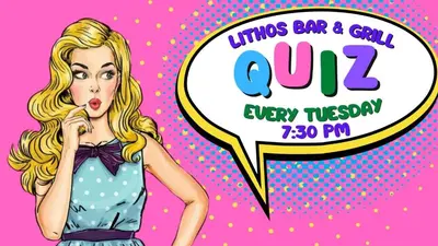 a cartoon illustration of a girl announcing a girls bar grill quiz event at Antonis G. Hotel Apartments in Voroklini