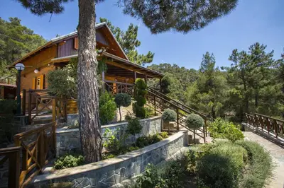 a log home with a staircase leading up to it at Ricky Chalet Near Troodos in Spilia