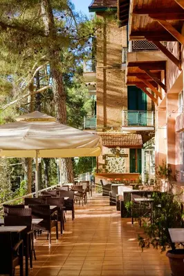 an outdoor patio with tables and chairs and umbrellas at New Helvetia Historic Hotel in Platres