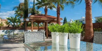 a table with three potted plants on top of it at Villa Stefanie in Ayia Napa