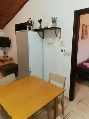 a dining room with a table and a refrigerator at Strovolos rooms Studios in Nicosia
