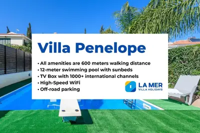 a sign in front of a yard with a swimming pool at Villa Penelope in Protaras