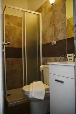 a bathroom with a shower and a toilet and a sink at Eclectic Business & Leisure in Nicosia
