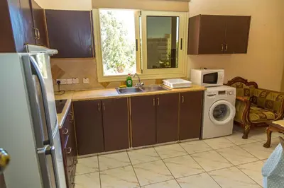 a kitchen with a sink and a washing machine at Chrysanthos Boutique Apartments in Limassol