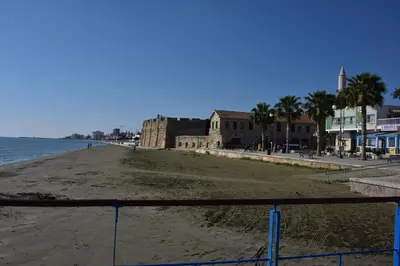 a beach next to the water with buildings and palm trees at Kolonaki Seaview Apartments in Larnaka