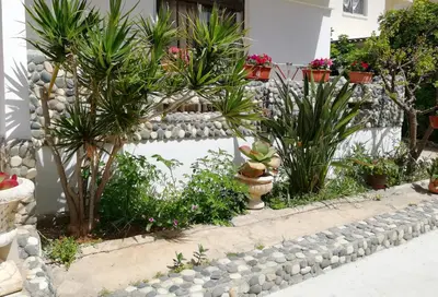 a garden with potted plants on a stone wall at Chicos Studios in Ayia Napa