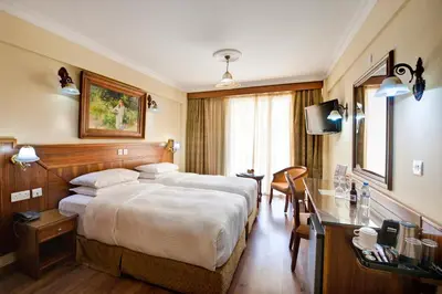 a hotel room with a large bed and a desk at Semeli Hotel in Nicosia