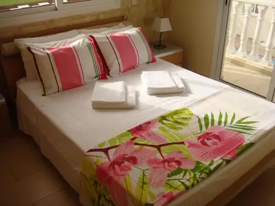 a bed with pillows and a blanket with flowers on it at Athena Villa in Ayia Napa