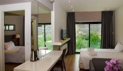 a hotel room with two beds and a desk and a mirror at Rodon Hotel and Resort in Agros
