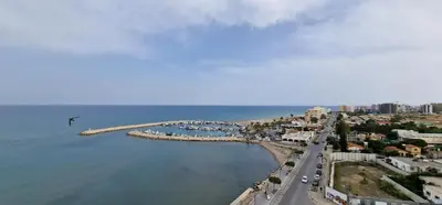 an aerial view of a beach with a pier at Serenity by the sea in Larnaka
