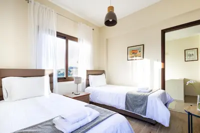 a bedroom with two beds and a mirror at Villa Joan in Ayios Theodhoros