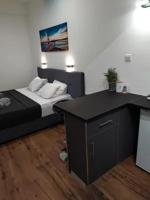 a small room with a bed and a desk at Takis apartments in Ayia Napa