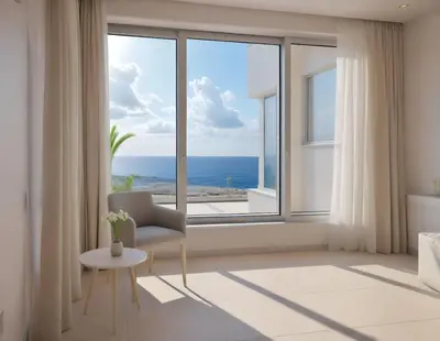 a bedroom with a large window with a view of the ocean at Beachfront Luxury Villa Glory in Ayia Napa