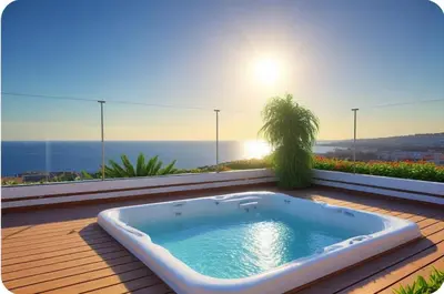 a hot tub on a deck with a view of the ocean at Beachfront Luxury Villa Glory in Ayia Napa