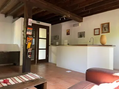 a living room with a counter and a couch at Ambelikos Traditional Agrohotel in Potamitissa