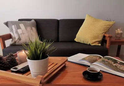 a living room with a couch and a table with books at Anemomylos guesthouse in Paralimni