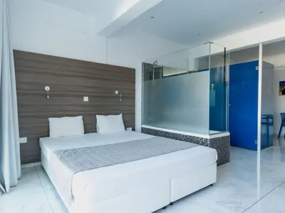 a bedroom with a large bed and a glass wall at Rio Gardens Aparthotel in Ayia Napa