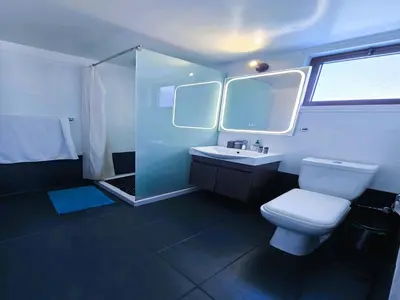 a bathroom with a toilet and a shower and a sink at 3 Bedroom Villa, private pool, hot tub in Protaras