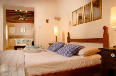 a bedroom with a bed with two pillows on it at Dolphin Guest House and Studios in Tochni
