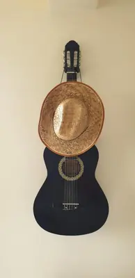 a guitar with a bowl on top of it at NEX Hostel in Nicosia