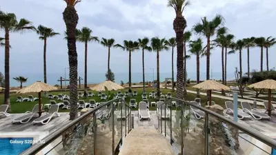 a resort with palm trees and chairs and a pool at Simos Magic Beach Hotel Apts in Ayia Napa