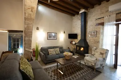 a living room with a couch and a fireplace at Apanemia Inn Studio in Lofou