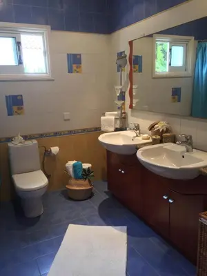 a bathroom with a toilet and a sink and a mirror at Deluxe First Line Villa in Pervolia