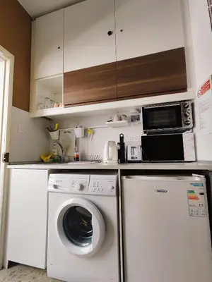a kitchen with a washing machine and a microwave at Elena Holiday Apartment in Larnaka