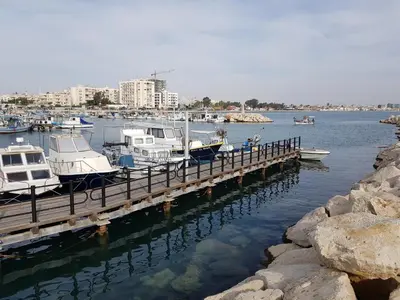 a group of boats docked at a dock in the water at Haig's Dream Flat On The Beach in Larnaka