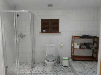 a bathroom with a shower and a toilet in it at Swallows Nest in Larnaka