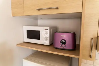 a microwave and a toaster sitting on a shelf at Blue Dawn Center Flat in Larnaka