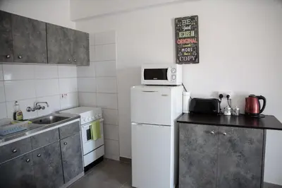 a small kitchen with a white refrigerator and a sink at Olive Island in Larnaka