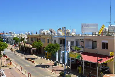 an overhead view of a city street with buildings at Millie's Apartments in Ayia Napa