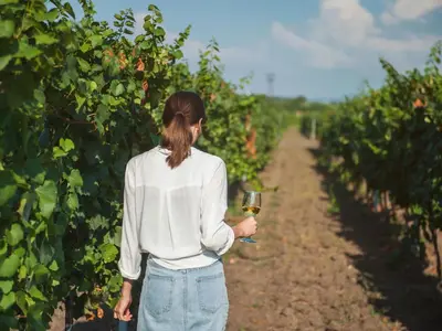 a woman holding a glass of wine in a vineyard at Arsorama Village Homes in Arsos