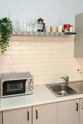 a kitchen counter with a microwave and a sink at Helios Mackenzie One Bedroom Flat in Larnaka
