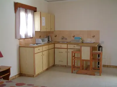 a kitchen with wooden cabinets and a sink and a table at Pelekanos Apartments in Pissouri