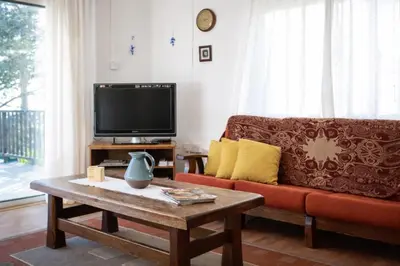 a living room with a couch and a tv at Forest Park Villa in Lemithou