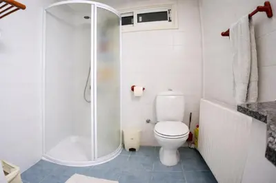 a white bathroom with a shower and a toilet at Forest Park Villa in Lemithou