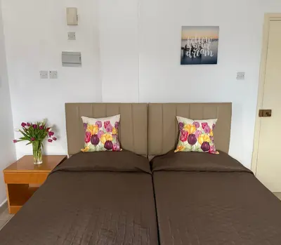 a bed with two pillows in a bedroom at Terpsithea Apartments in Ayia Napa