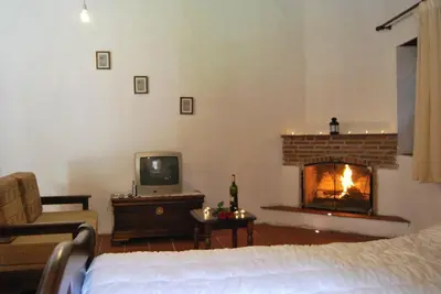 a living room with a bed and a fireplace at Xenis House in Galata