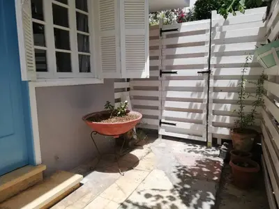 a garden with a plant in a bowl in the corner at Sparrows Nest in Larnaka