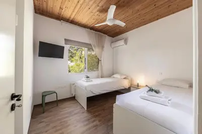 a bedroom with two beds and a ceiling fan at Platres Forest View Cottage in Platres