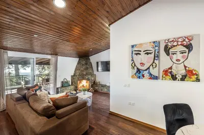 a living room with a couch and a painting on the wall at Platres Forest View Cottage in Platres