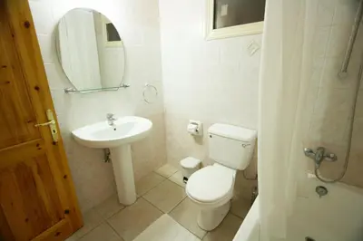 a bathroom with a toilet and a sink and a mirror at Swimmers' Paradise in Pissouri