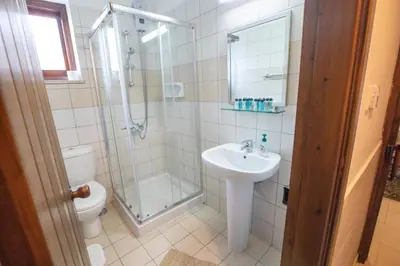 a bathroom with a shower and a sink and a toilet at Iosiphis Stonebuilt House in Pano Lefkara