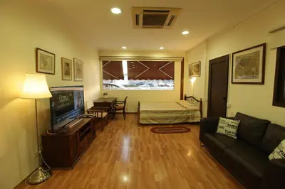 a living room with a couch and a television at Nicosia Luxury Studio in Nicosia