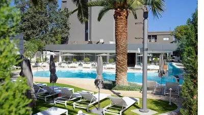 a swimming pool with lounge chairs and a palm tree at Alasia Boutique Hotel in Limassol